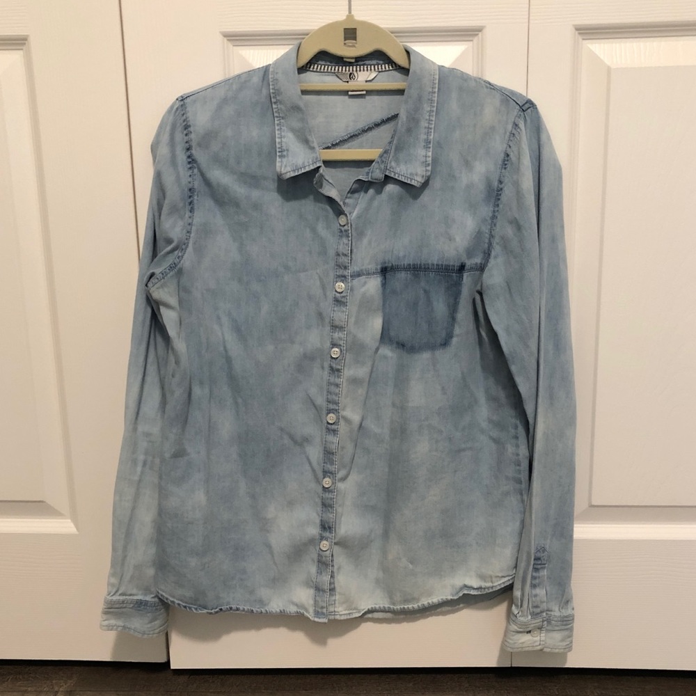 Volcom Distressed Denim Chambray Button Down - image 1